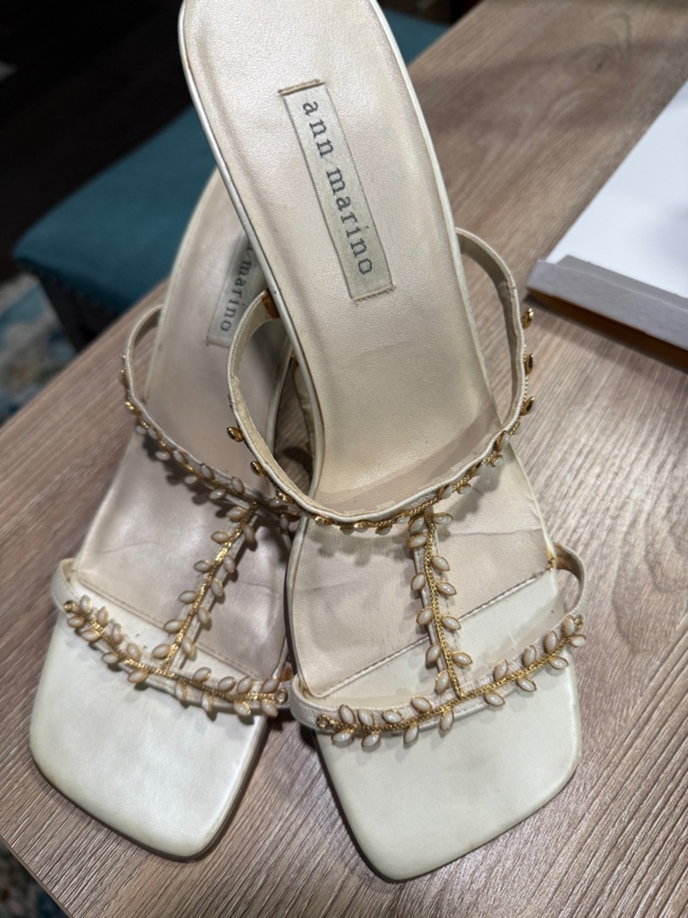Ann Marino Cream Beaded Strappy Heels